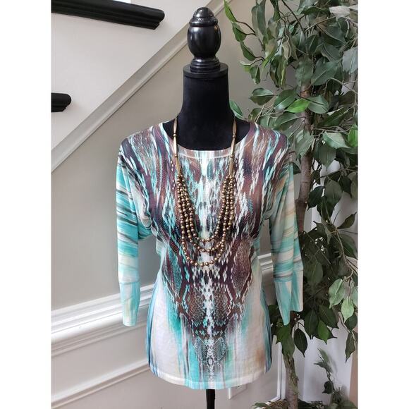 New Directions Blouse Women Medium Multicolor Teal Brown Abstract Print Top - Picture 2 of 11